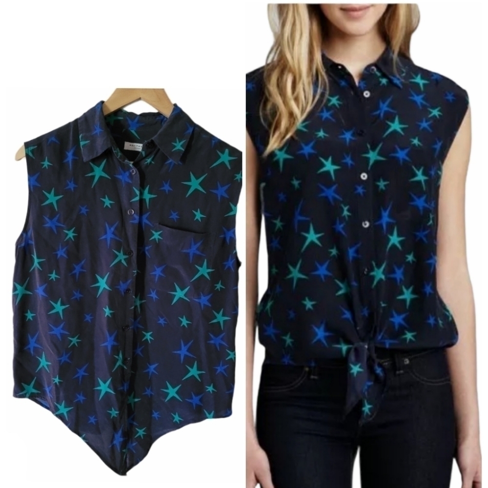 Equipment Femme Top XS Silk Button Up Sleeveless Stars Navy
